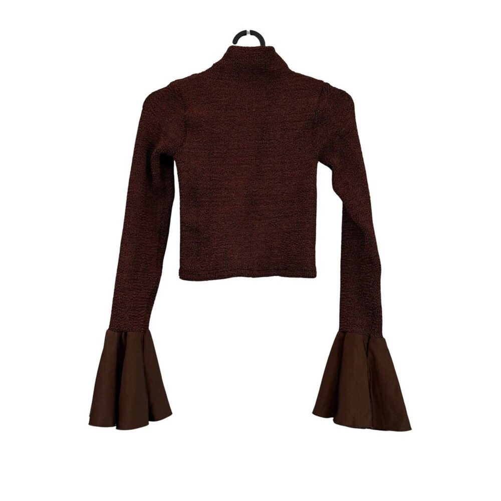Hunza G Metallic Brown Flared Cuff Mock Neck Cropped Sweater Top Womens Small